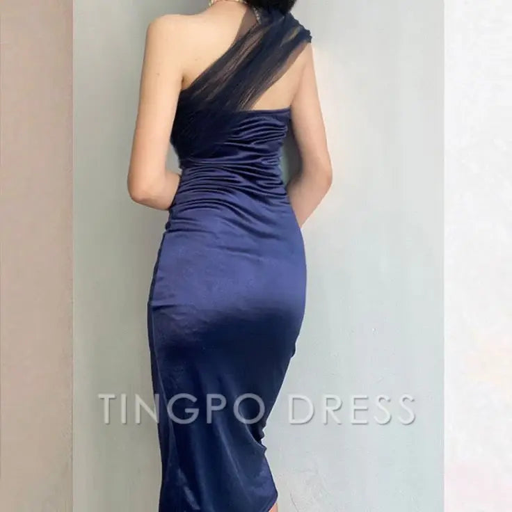 TingPo Wholesale Elegant Modest Sheath One Shoulder Sleeveless Navy Blue Slit Satin Prom Dresses Long Evening Dress