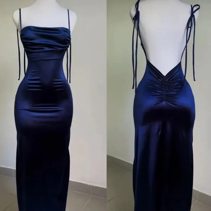 TingPo Wholesale Elegant Navy Blue Sheath Long Prom Dress Backless Evening Party Dress