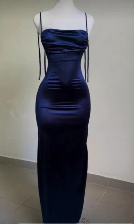 TingPo Wholesale Elegant Navy Blue Sheath Long Prom Dress Backless Evening Party Dress