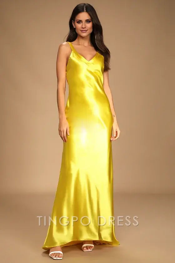 TingPo Wholesale Elegant Perfectly Yellow Satin Strappy Maxi Dress formal wear dresses