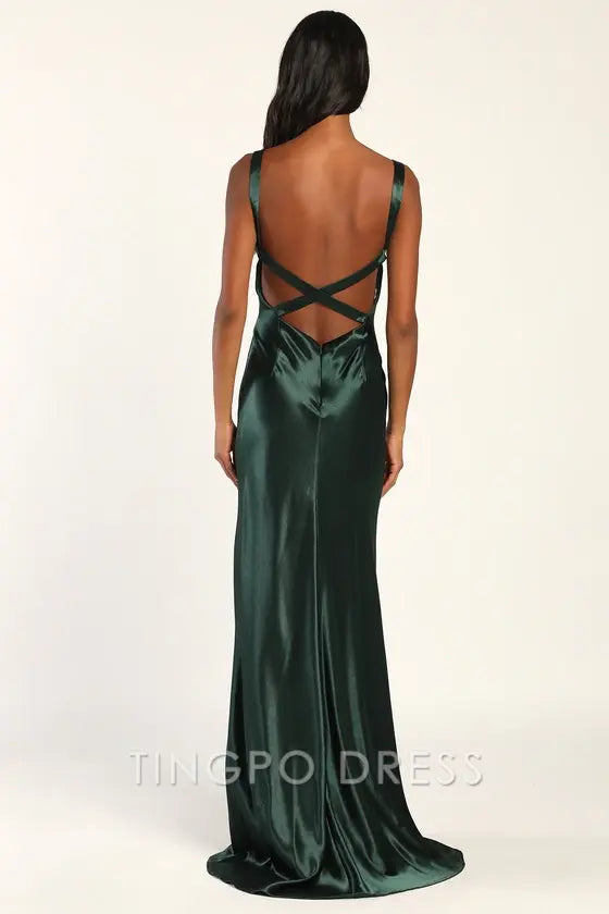 TingPo Wholesale Elegant Perfectly Emerald Green Satin Strappy Maxi Dress formal wear dresses