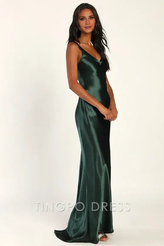 TingPo Wholesale Elegant Perfectly Emerald Green Satin Strappy Maxi Dress formal wear dresses