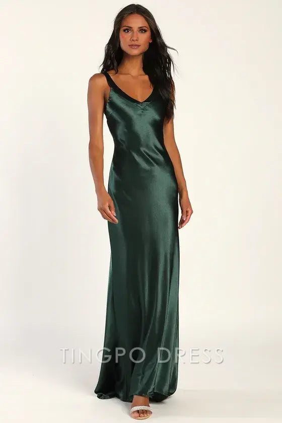 TingPo Wholesale Elegant Perfectly Emerald Green Satin Strappy Maxi Dress formal wear dresses
