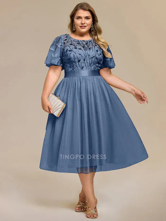 Elegant Plus Size A-Line Floral Leaf Sequin Mesh Midi Dress Prom Dress