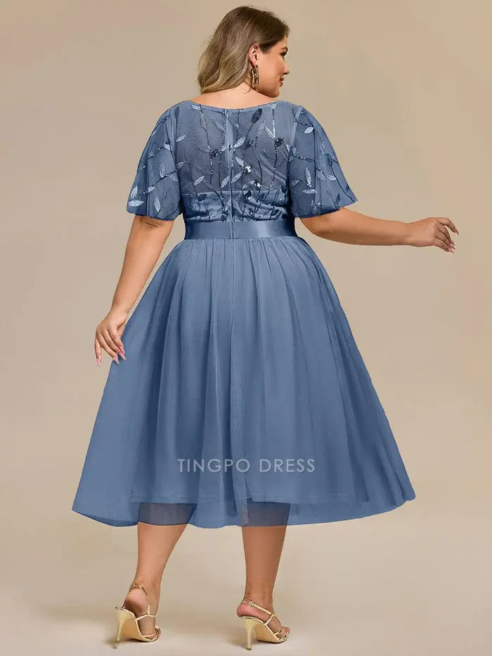 Elegant Plus Size A-Line Floral Leaf Sequin Mesh Midi Dress Prom Dress