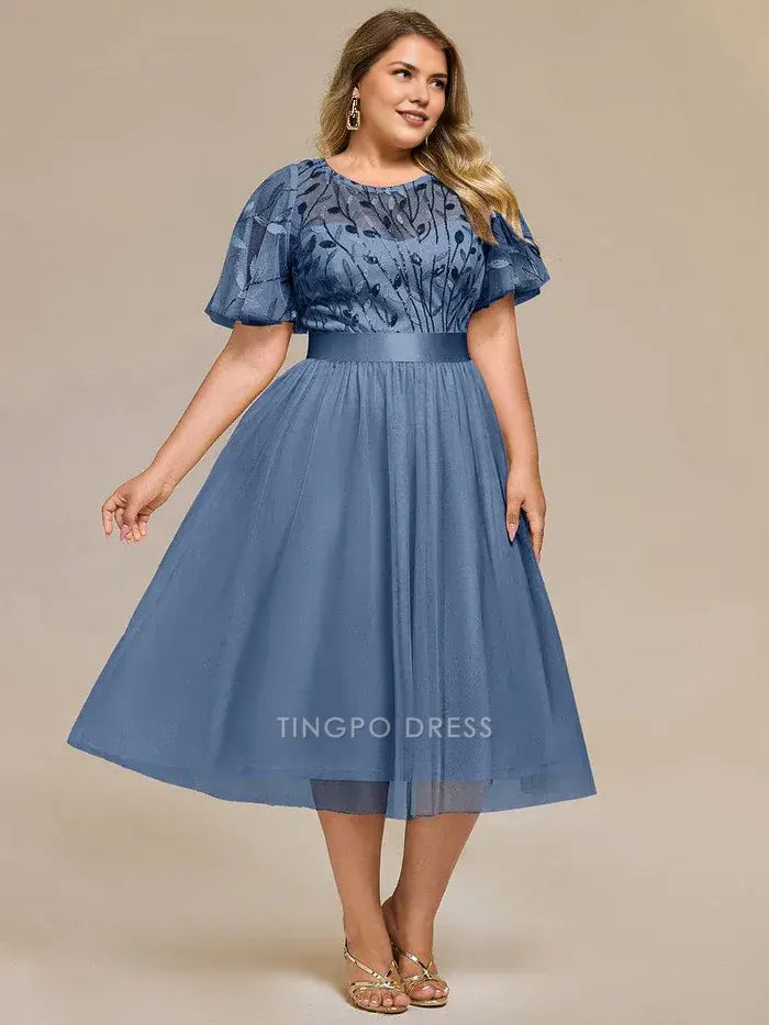 Elegant Plus Size A-Line Floral Leaf Sequin Mesh Midi Dress Prom Dress