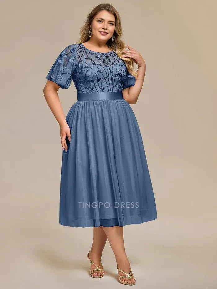 Elegant Plus Size A-Line Floral Leaf Sequin Mesh Midi Dress Prom Dress