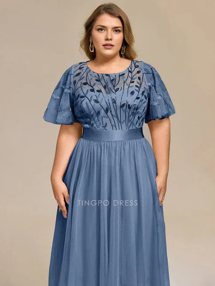 Elegant Plus Size A-Line Floral Leaf Sequin Mesh Midi Dress Prom Dress