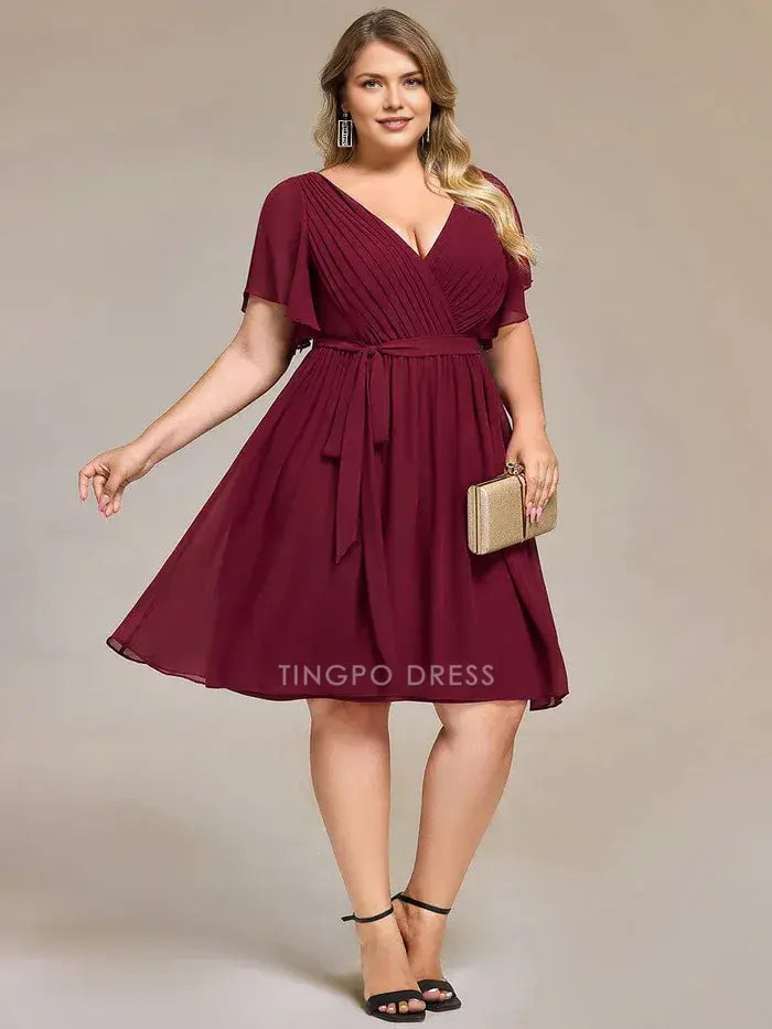 Elegant Plus Size A-Line V - Neck Belted Chiffon Midi Dress Prom Dress