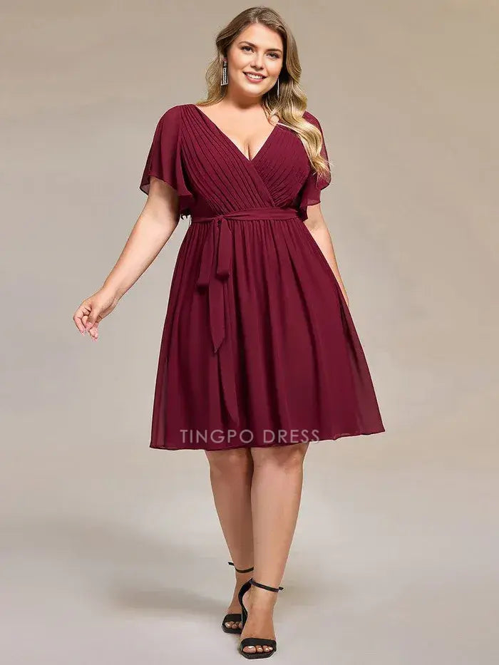 Elegant Plus Size A-Line V - Neck Belted Chiffon Midi Dress Prom Dress