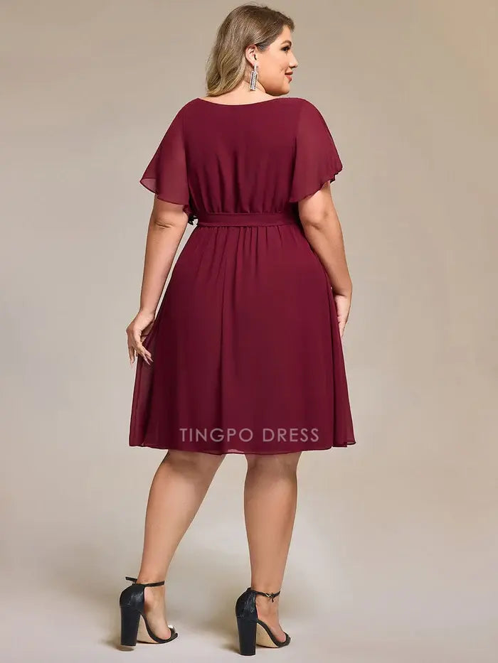 Elegant Plus Size A-Line V - Neck Belted Chiffon Midi Dress Prom Dress