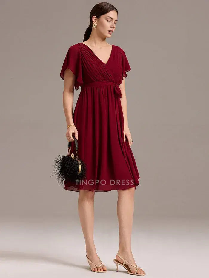 Elegant Plus Size A-Line V - Neck Belted Chiffon Midi Dress Prom Dress