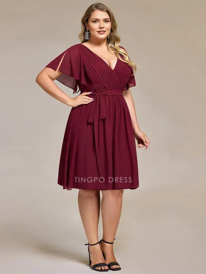 Elegant Plus Size A-Line V - Neck Belted Chiffon Midi Dress Prom Dress