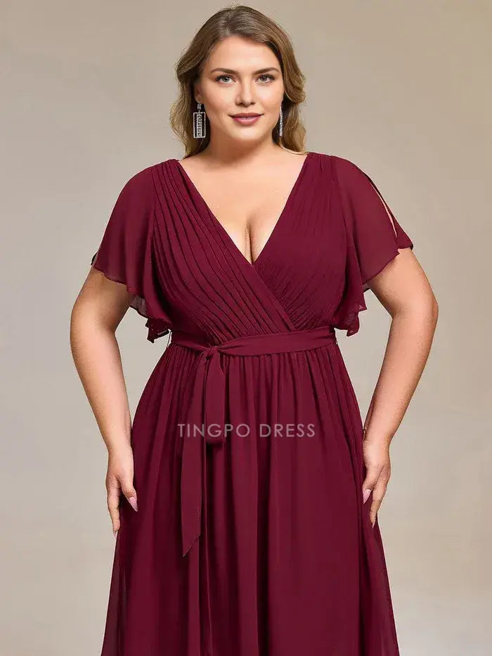 Elegant Plus Size A-Line V - Neck Belted Chiffon Midi Dress Prom Dress