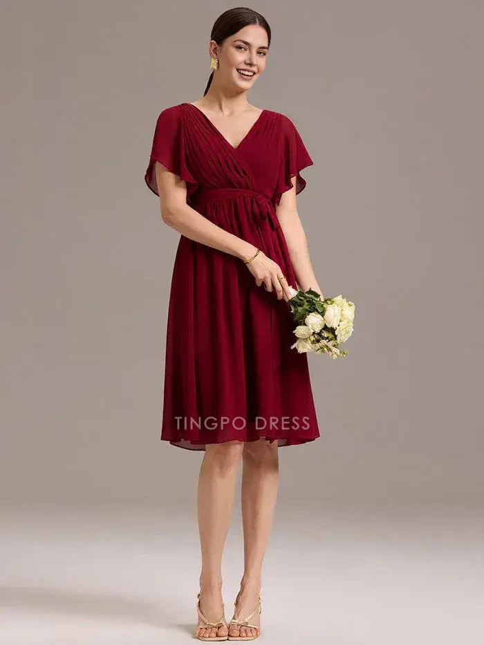 Elegant Plus Size A-Line V - Neck Belted Chiffon Midi Dress Prom Dress