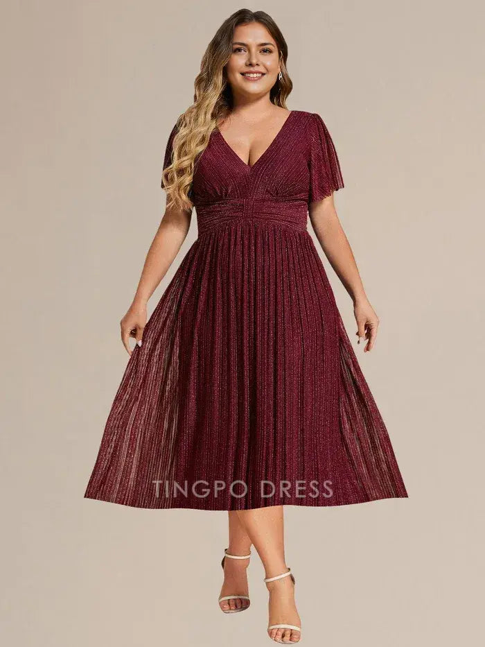 Elegant Plus Size A-Line V - Neck Glitter Pleated Midi Dress Prom Dress