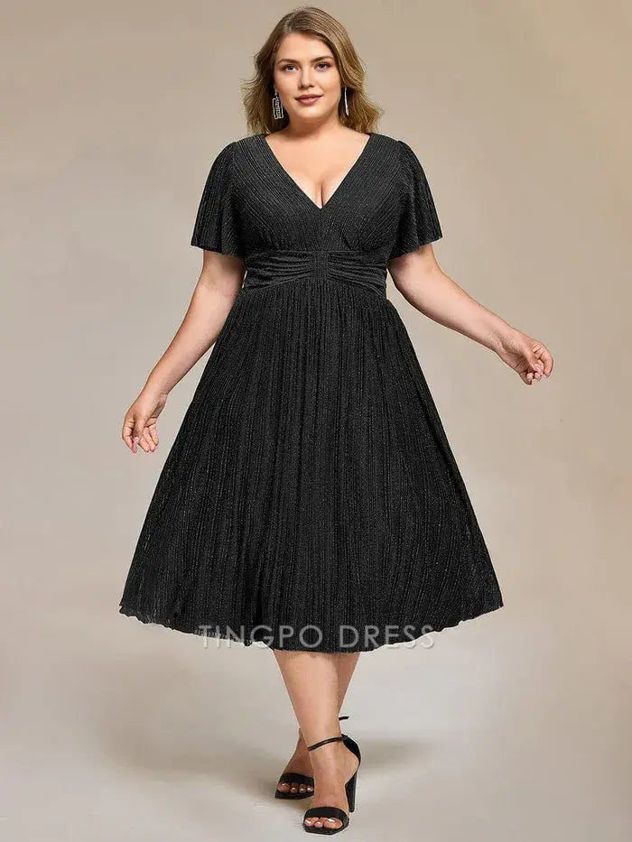 Elegant Plus Size A-Line V - Neck Glitter Pleated Midi Dress Prom Dress