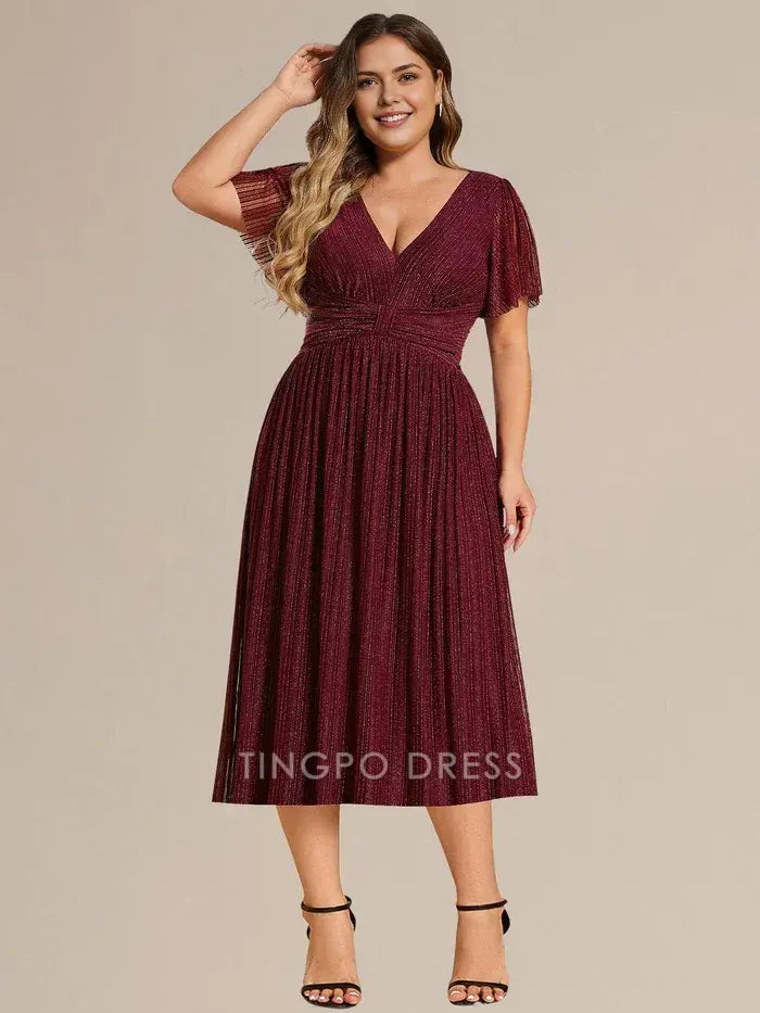 Elegant Plus Size A-Line V - Neck Glitter Pleated Midi Dress Prom Dress