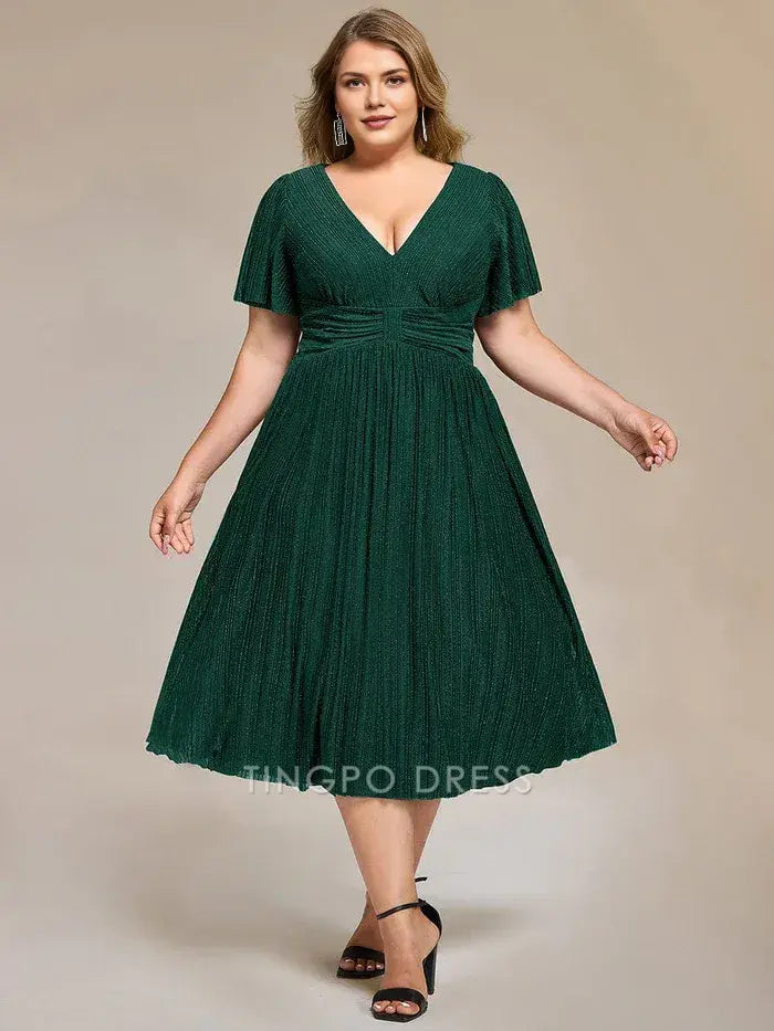 Elegant Plus Size A-Line V - Neck Glitter Pleated Midi Dress Prom Dress