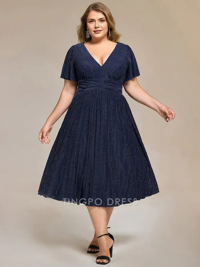 Elegant Plus Size A-Line V - Neck Glitter Pleated Midi Dress Prom Dress