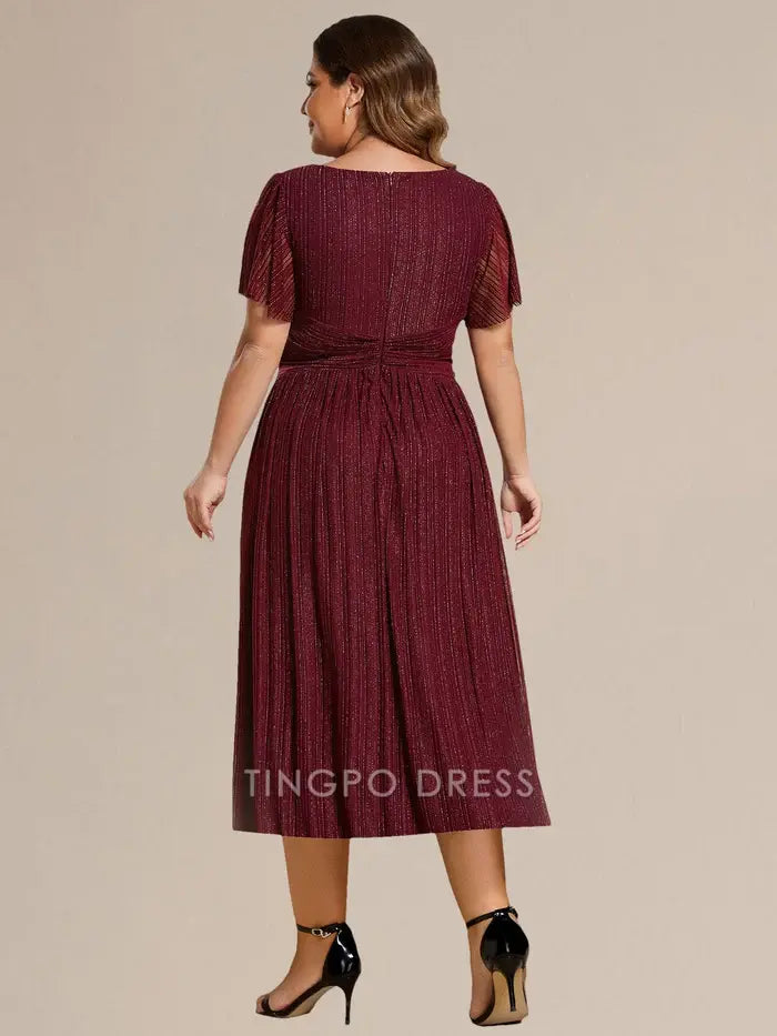 Elegant Plus Size A-Line V - Neck Glitter Pleated Midi Dress Prom Dress