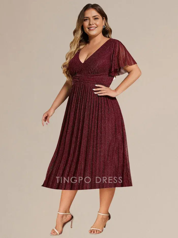 Elegant Plus Size A-Line V - Neck Glitter Pleated Midi Dress Prom Dress