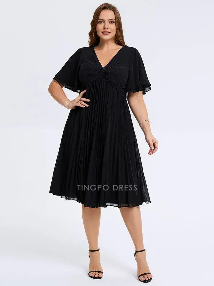Elegant Plus Size A-Line V - Neck Pleated Chiffon Midi Dress Prom Dress