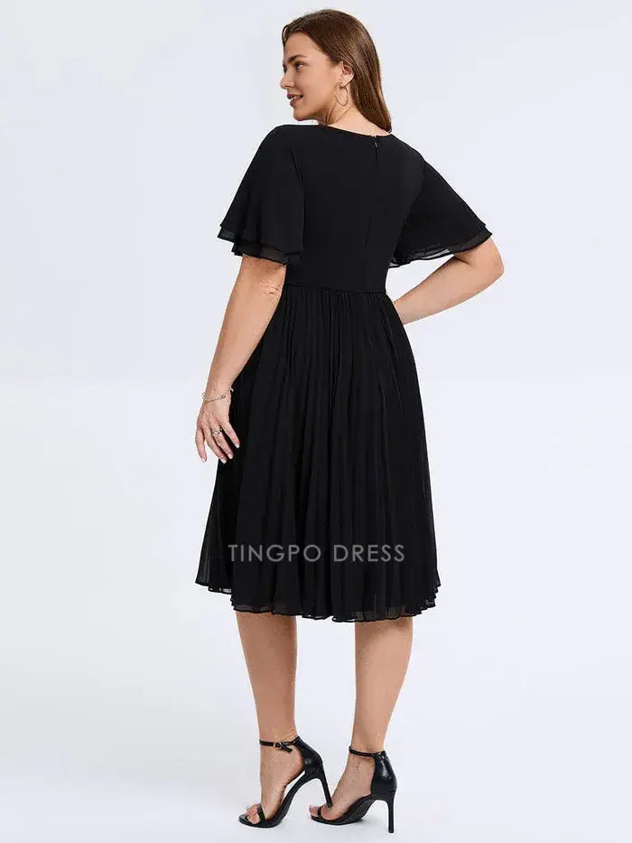 Elegant Plus Size A-Line V - Neck Pleated Chiffon Midi Dress Prom Dress