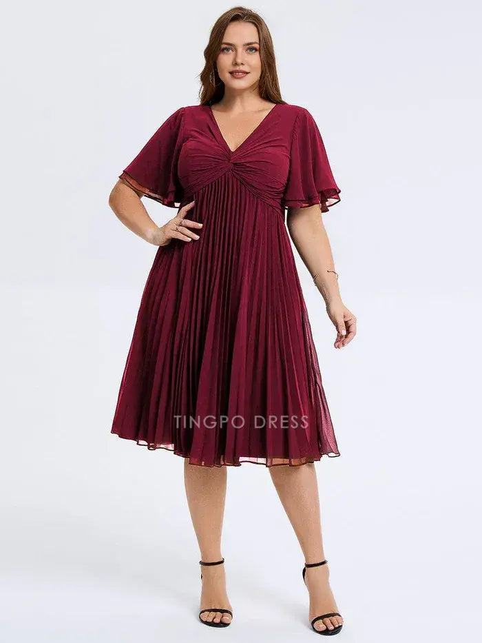 Elegant Plus Size A-Line V - Neck Pleated Chiffon Midi Dress Prom Dress