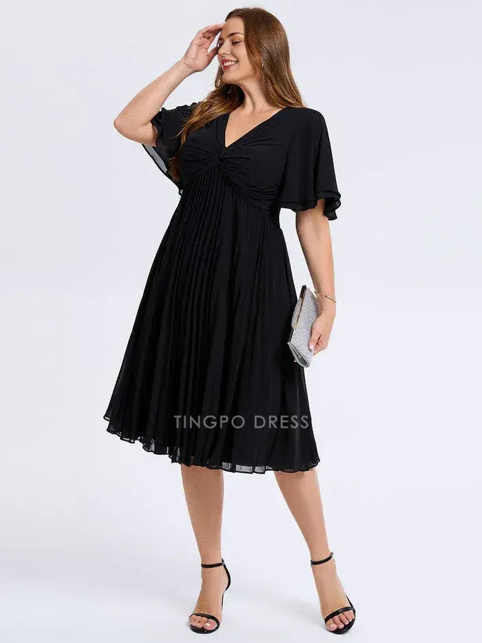 Elegant Plus Size A-Line V - Neck Pleated Chiffon Midi Dress Prom Dress