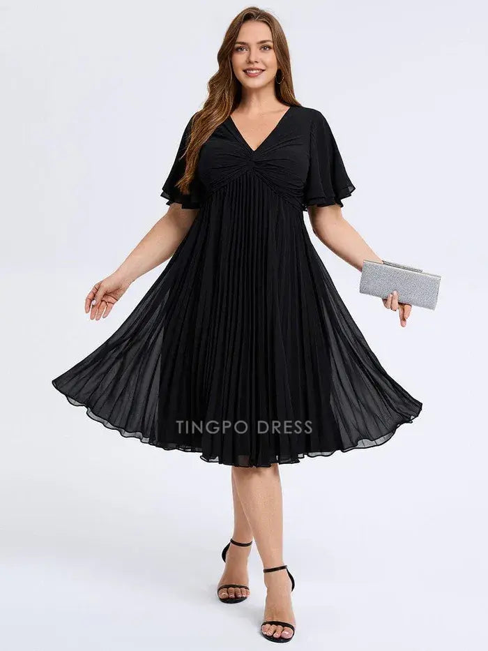 Elegant Plus Size A-Line V - Neck Pleated Chiffon Midi Dress Prom Dress