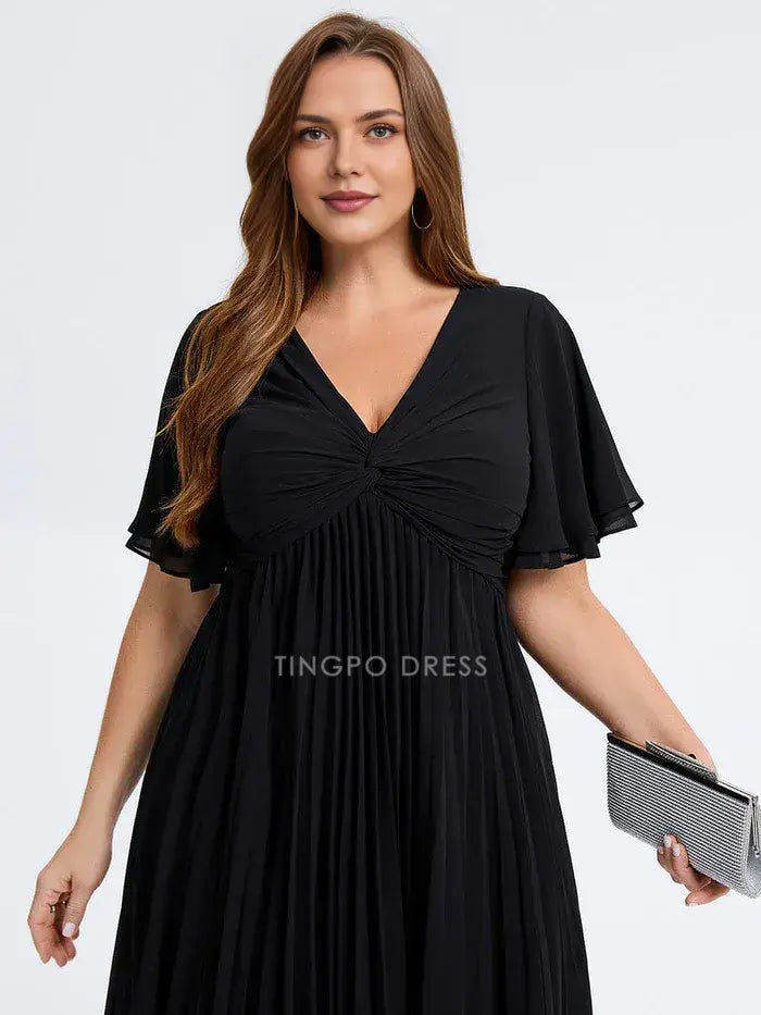 Elegant Plus Size A-Line V - Neck Pleated Chiffon Midi Dress Prom Dress