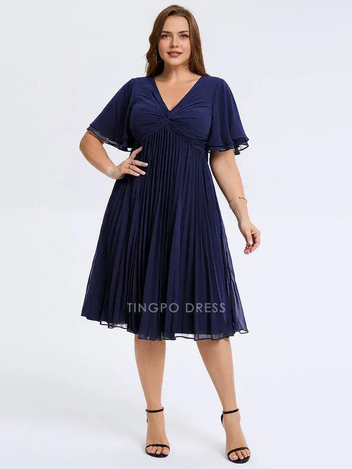 Elegant Plus Size A-Line V - Neck Pleated Chiffon Midi Dress Prom Dress