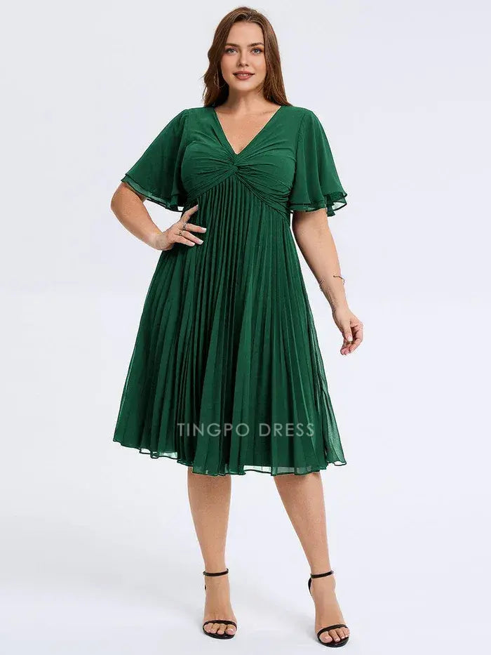Elegant Plus Size A-Line V - Neck Pleated Chiffon Midi Dress Prom Dress