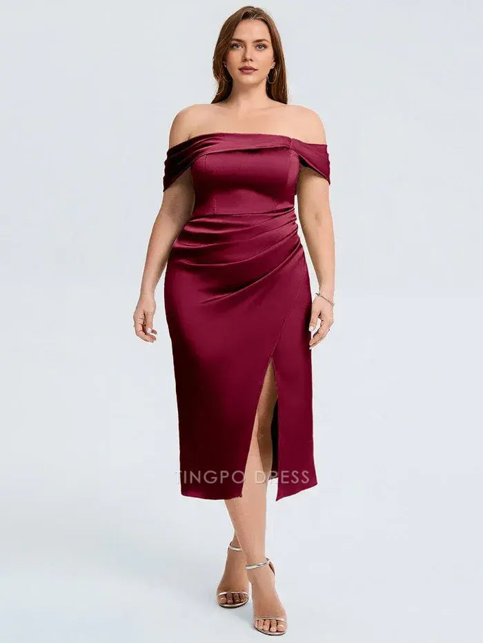 Elegant Plus Size Off - Shoulder Satin Midi Dress with Side Slit Prom Dress