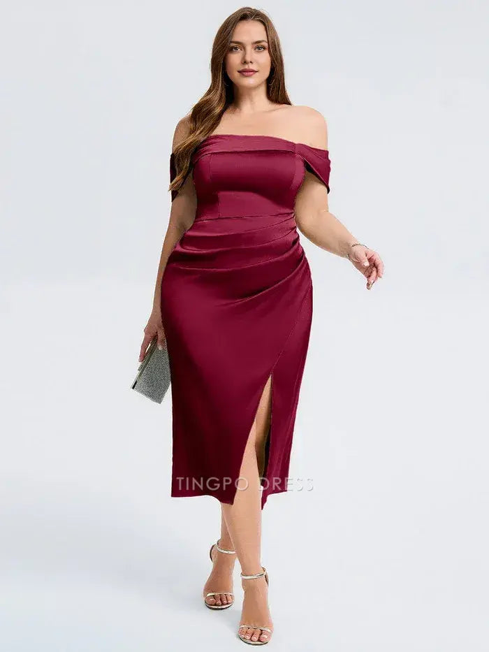 Elegant Plus Size Off - Shoulder Satin Midi Dress with Side Slit Prom Dress