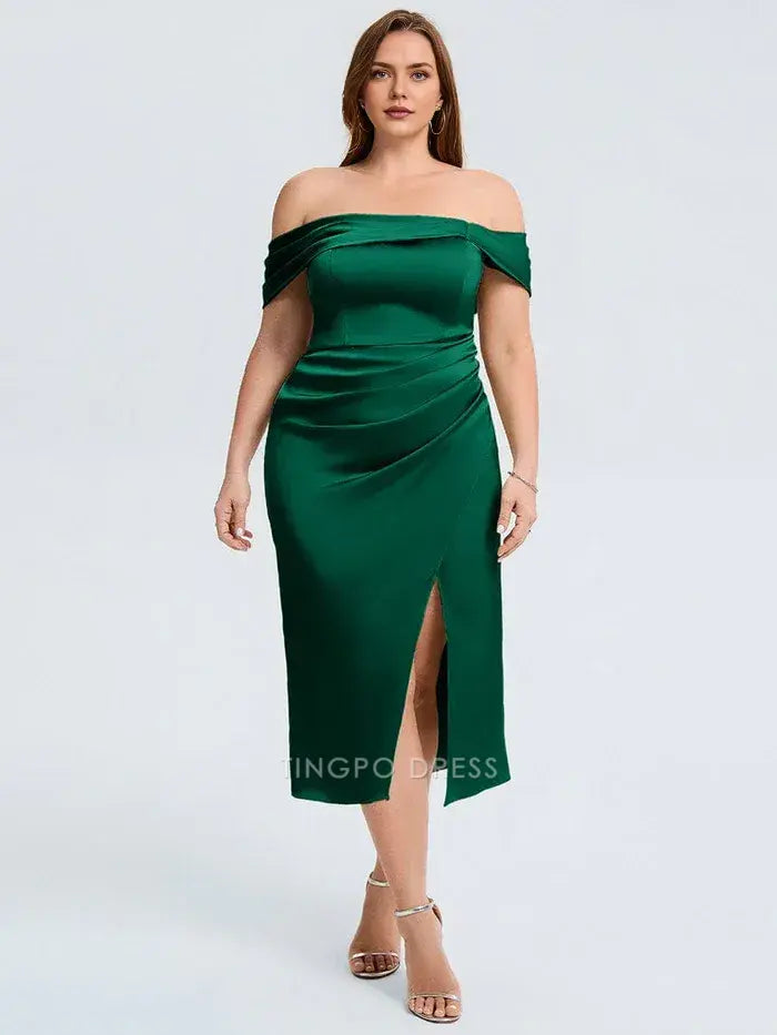 Elegant Plus Size Off - Shoulder Satin Midi Dress with Side Slit Prom Dress