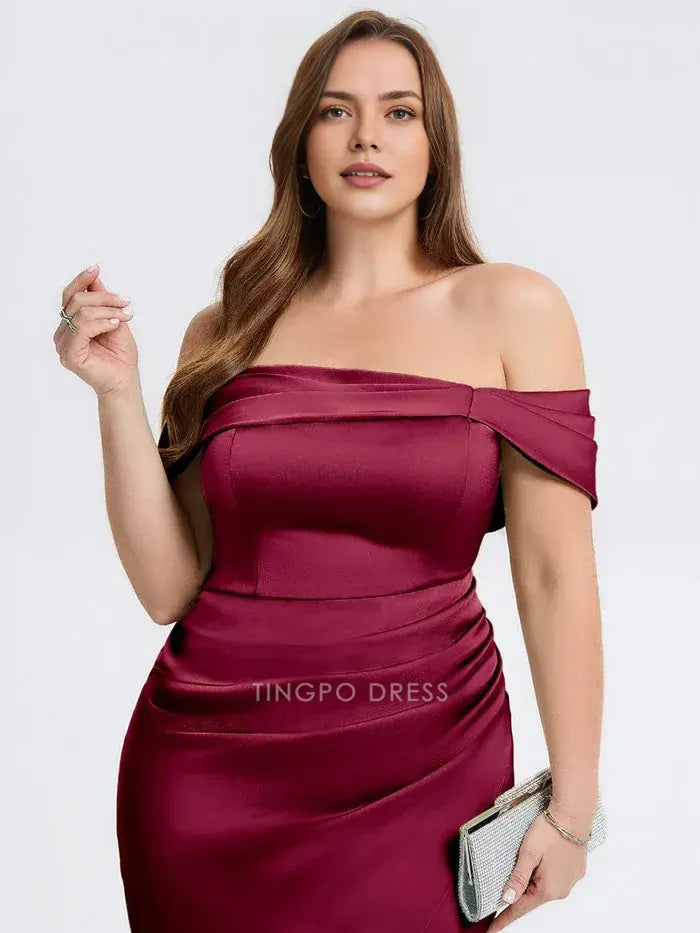 Elegant Plus Size Off - Shoulder Satin Midi Dress with Side Slit Prom Dress