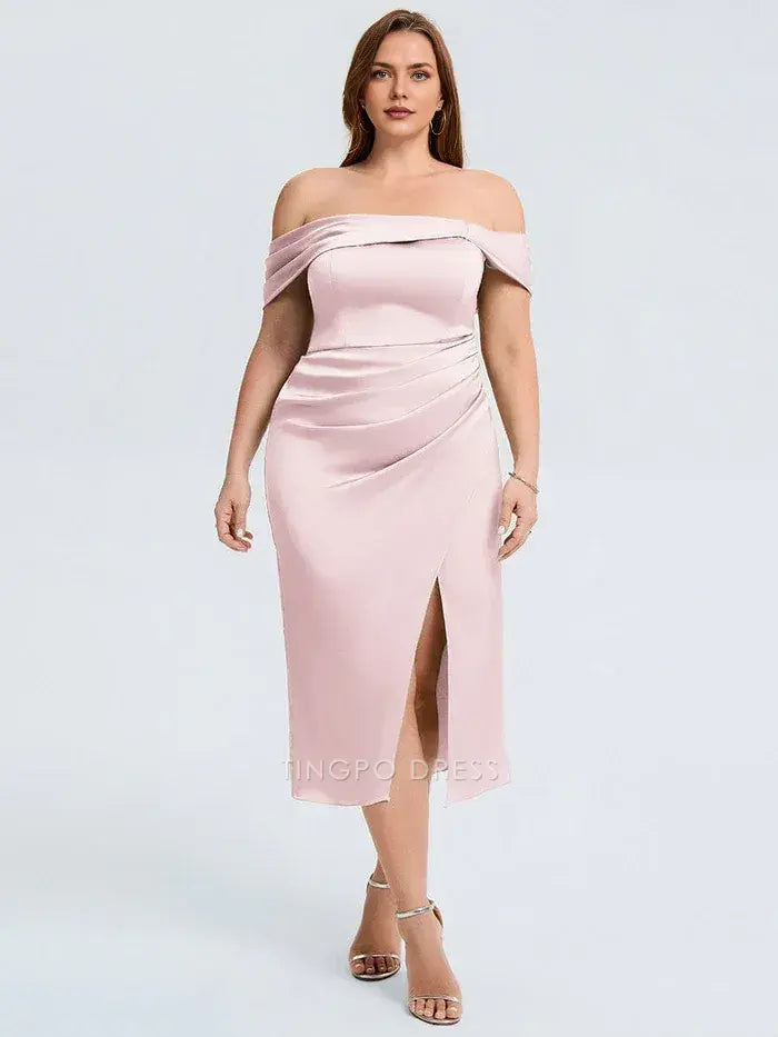 Elegant Plus Size Off - Shoulder Satin Midi Dress with Side Slit Prom Dress