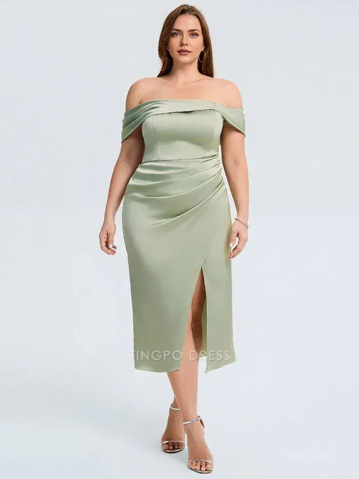 Elegant Plus Size Off - Shoulder Satin Midi Dress with Side Slit Prom Dress