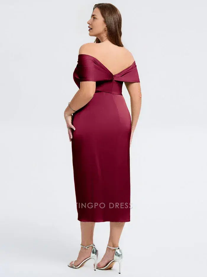 Elegant Plus Size Off - Shoulder Satin Midi Dress with Side Slit Prom Dress
