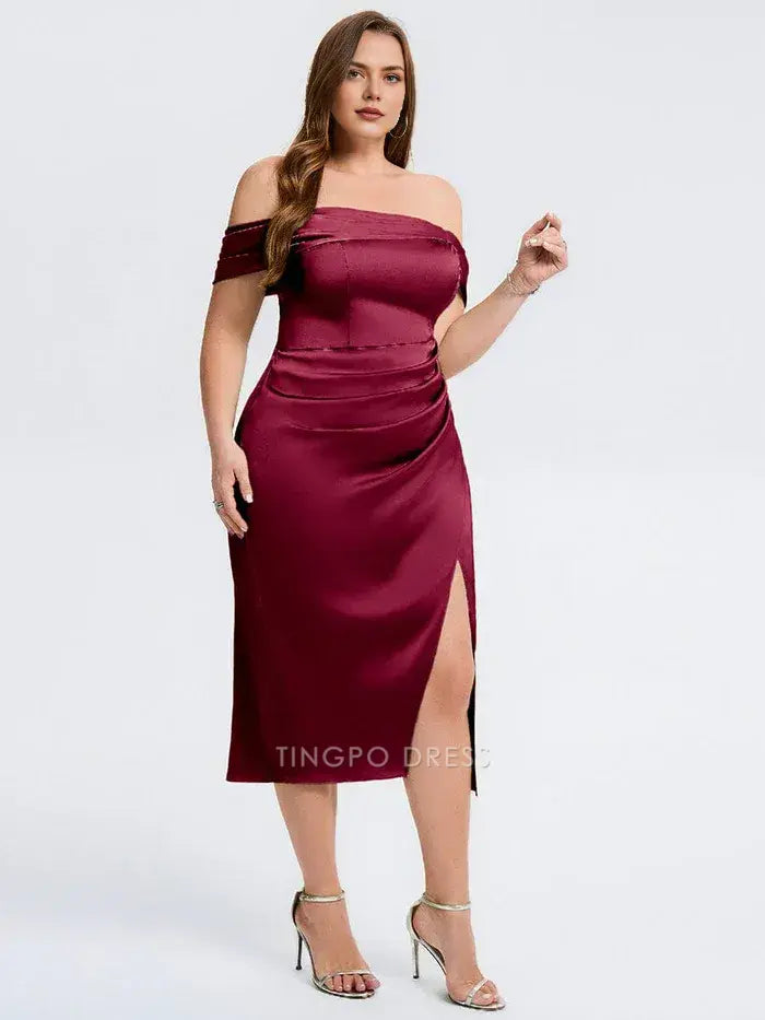 Elegant Plus Size Off - Shoulder Satin Midi Dress with Side Slit Prom Dress