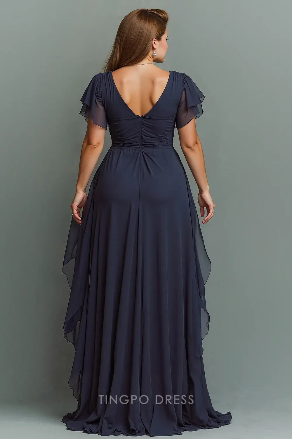 Elegant Plus Size V - Neck Ruffle Sleeve Chiffon Maxi Dress with Crystal Waist Detail Prom Dress