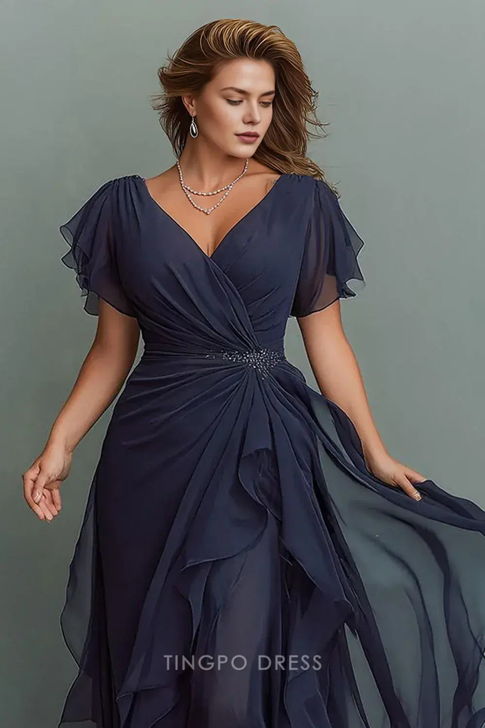 Elegant Plus Size V - Neck Ruffle Sleeve Chiffon Maxi Dress with Crystal Waist Detail Prom Dress