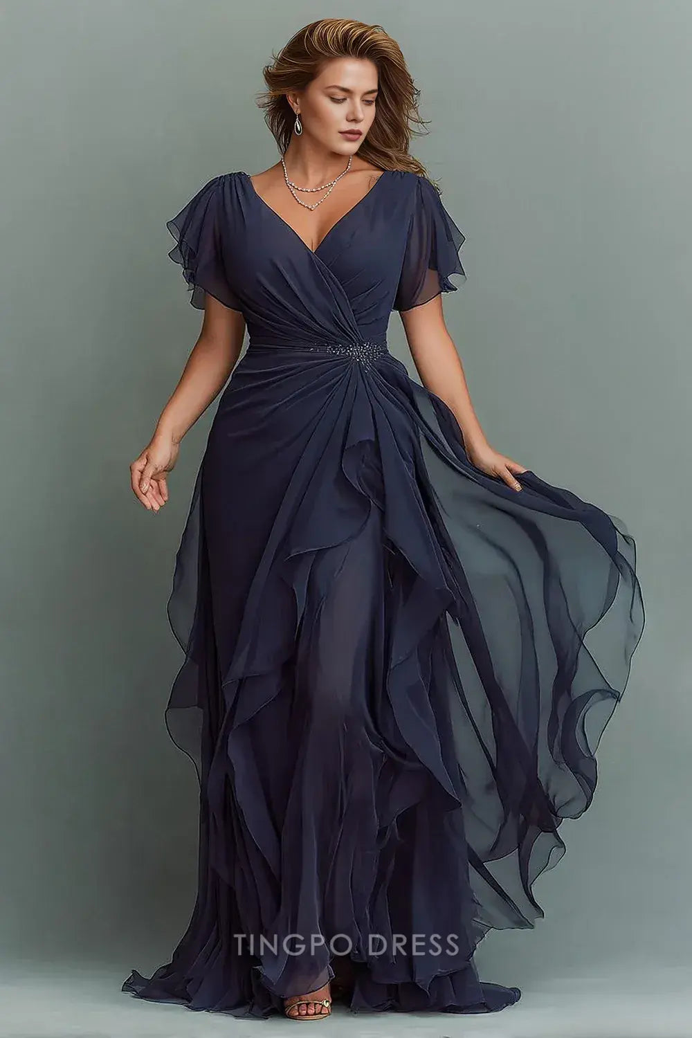 Elegant Plus Size V - Neck Ruffle Sleeve Chiffon Maxi Dress with Crystal Waist Detail Prom Dress