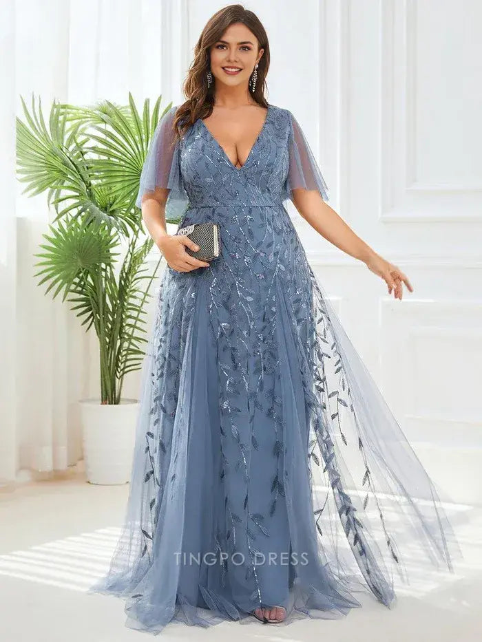 Elegant Plus Size V - Neck Sequin Tulle Maxi Dress with Flutter Sleeves Prom Dress