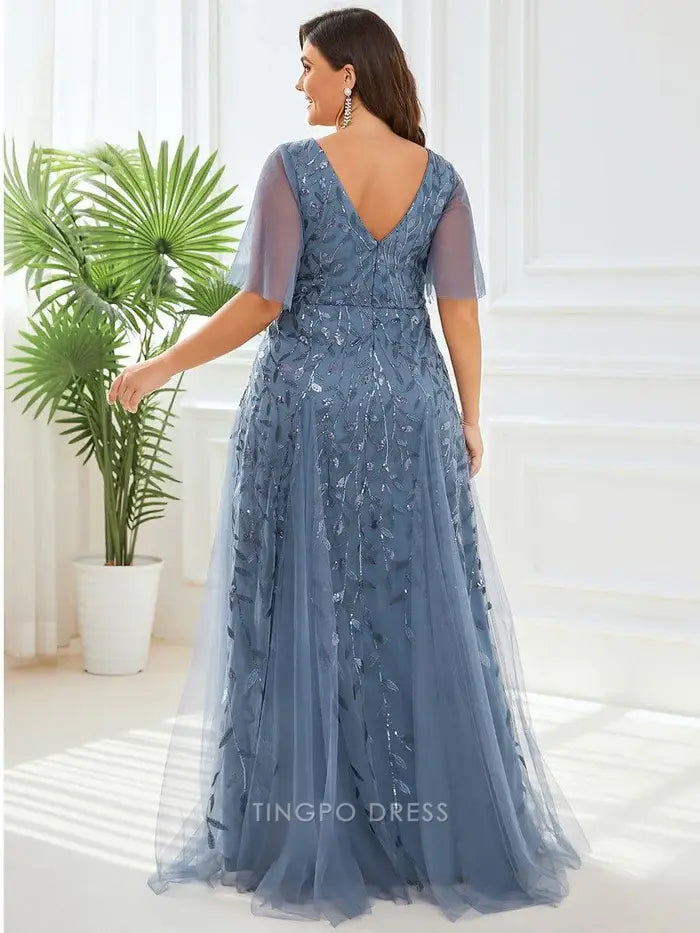 Elegant Plus Size V - Neck Sequin Tulle Maxi Dress with Flutter Sleeves Prom Dress
