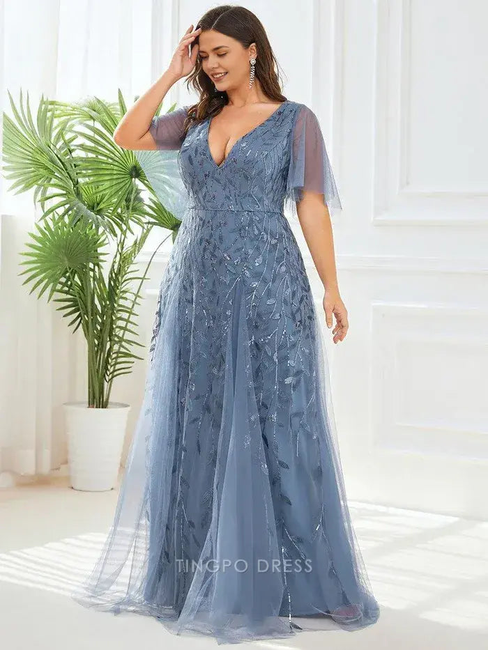Elegant Plus Size V - Neck Sequin Tulle Maxi Dress with Flutter Sleeves Prom Dress