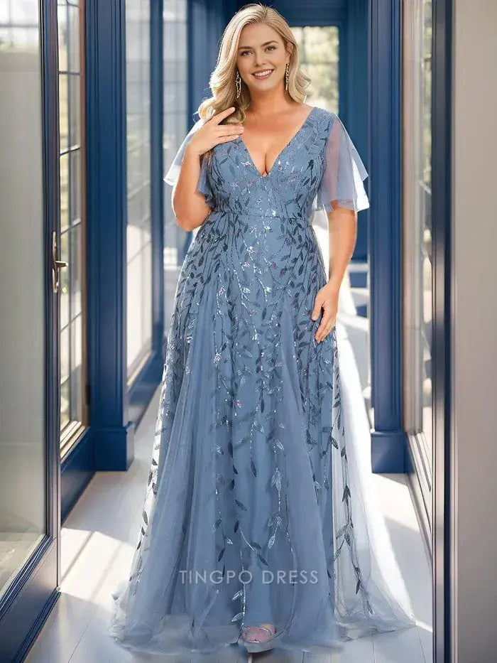Elegant Plus Size V - Neck Sequin Tulle Maxi Dress with Flutter Sleeves Prom Dress