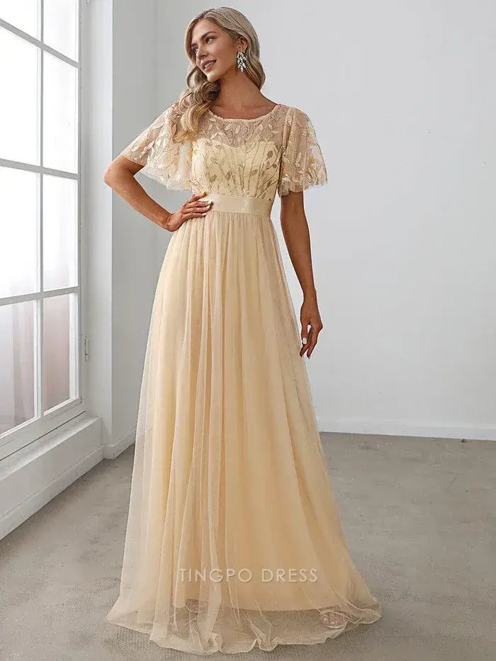 Elegant Plus Size Women's A-Line Sequin Leaf Maxi Prom Dress with Sleeves Prom Dress